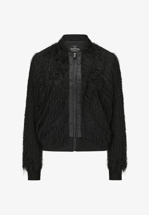 Schwarze Bomberjacke mit einem flauschig-texturierten Körper, glatten Satinpaneelen, gerippten Bündchen und einem Reißverschluss vorne.