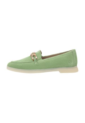 Green suede loafers with a cream sole, featuring a decorative link accent on the front. Smooth texture with stitched detailing along the edges.