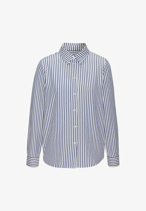 Chemise à rayures avec manches longues, présentant des rayures verticales bleues et blanches, un col classique et un ourlet droit avec une finition arrondie.