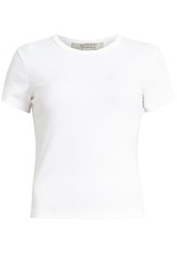 T-shirt bianco a maniche corte in cotone con scollo rotondo, caratterizzato da una texture liscia e una silhouette aderente. Etichetta visibile all'interno del colletto.
