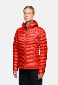 Rood geïsoleerd jack met ritssluiting voor, capuchon en horizontaal doorgestikt ontwerp. Gemaakt van glanzende stof met een zachte textuur. Logo op de borst.