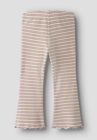 Flared broekspijpen van zachte stof, met pastelkleurige roze en gele strepen en een golvende zoom. Ontworpen met een elastische tailleband.