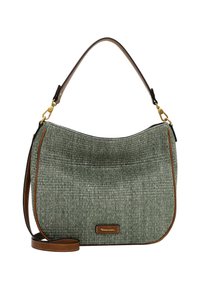 Borsa hobo in tessuto intrecciato verde con finiture in pelle marrone, tracolla regolabile e hardware dorato. Texture liscia con una forma strutturata.