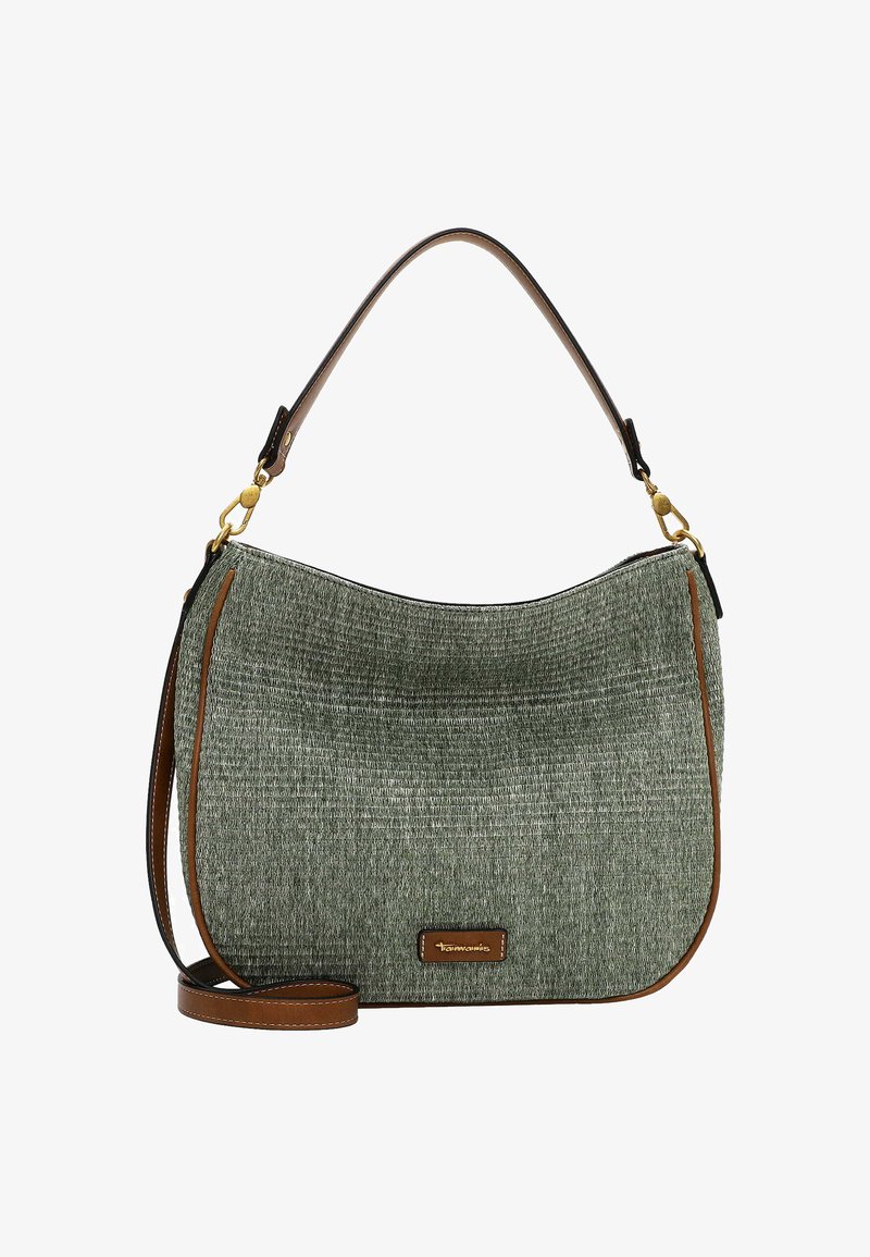 Sac hobo en tissu tissé vert avec des accents en cuir marron, une bandoulière réglable et des garnitures dorées. Texture lisse avec une forme structurée.