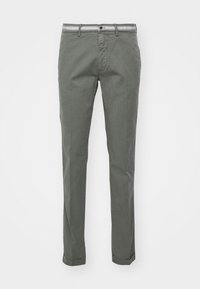 Pantalon en coton gris à coupe slim, avec une fermeture standard à boutons, des passants pour ceinture et un ourlet retroussé. Texture lisse et design décontracté.