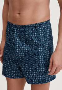 Blauwe zwemshorts met een geometrisch patroon, een elastische tailleband en een gladde stoftextuur. Merktag zichtbaar op de tailleband.
