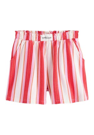 Szorty z elastycznym pasem w paski w pionowe kolory różowy, czerwony, biały i pomarańczowy, z bocznymi kieszeniami, oznaczone napisem "Sports Club".
