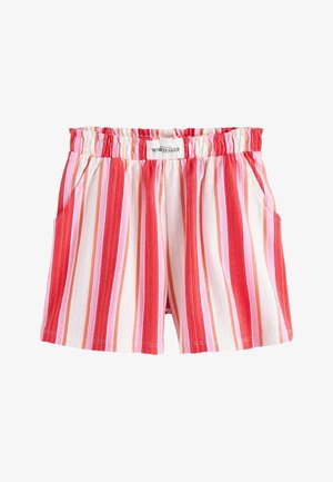 Pruhované šortky s elastickým pásom s ružovými, červenými, bielymi a oranžovými vertikálnymi pruhmi a bočnými vreckami, označené ako "Sports Club".