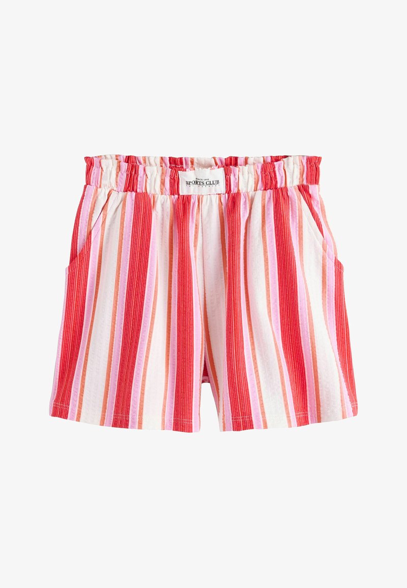 Shorts à taille élastique rayés avec des bandes verticales roses, rouges, blanches et orange, dotés de poches latérales, étiquetés "Sports Club".