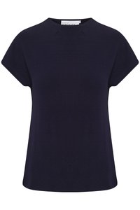Haut bleu marine à manches courtes avec un col rond, présentant une coupe ample et de subtils détails de couture sur les épaules.