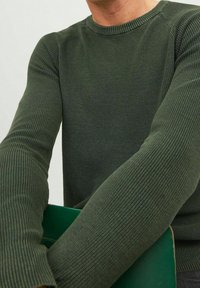 Dunkelgrüner gerippter Strickpullover mit Rundhalsausschnitt und langen Ärmeln, der einen strukturierten Stoff mit ausgeprägten vertikalen Linien präsentiert.