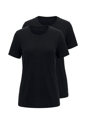 To ensfarvede sorte T-shirts med korte ærmer og rund hals, den ene lidt bag den anden, vist på hvid baggrund.