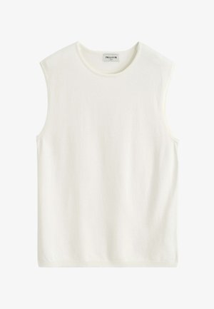 Haut sans manches blanc en maille avec un col rond, un ourlet côtelé et une étiquette « FRILIVIN » au niveau du col.