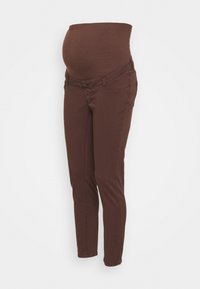 Jeans de maternidade castanhos com uma cintura elástica, design justo e bolsos frontais. Textura suave, projetados para conforto durante a gravidez.