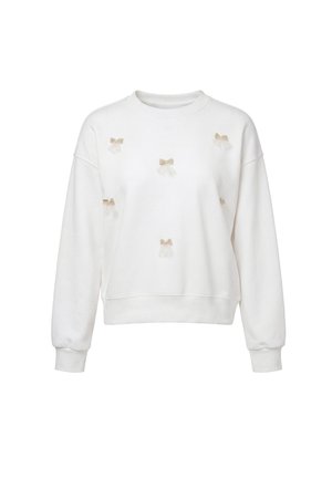 Hvid sweatshirt med lange ærmer med små gyldne sløjfer og tyl detaljer spredt foran og ribstrikkede manchetter og kant.