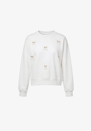 Hvid sweatshirt med lange ærmer med små gyldne sløjfer og tyl detaljer spredt foran og ribstrikkede manchetter og kant.
