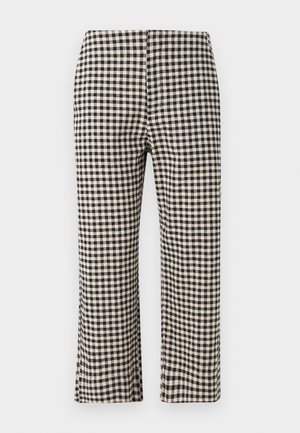 Pantaloni a gamba dritta con motivo a scacchi nero e bianco, a vita alta, esposti contro uno sfondo chiaro uniforme.