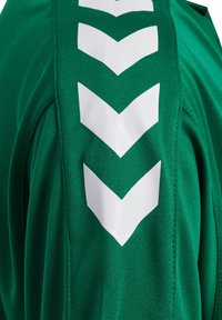 Grünes Sporttrikot aus strukturiertem Stoff mit weißen Chevron-Streifen entlang der Schulter und sichtbaren Nahtdetails.