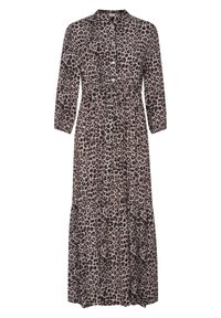 Maxiklänning med leopardmönster, knäppning framtill, krage och trekvartsärmar. Har en samlad midja och en flerlagers kjoldesign.