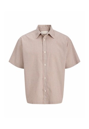 Košeľa s krátkym rukávom na gombíky s malým ružovo-šedým kockovaným vzorom a špicatým golierom.