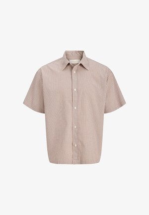 Košeľa s krátkym rukávom na gombíky s malým ružovo-šedým kockovaným vzorom a špicatým golierom.