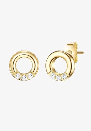 Orecchini circolari color oro con tre pietre trasparenti alla base. Superficie metallica liscia, finitura lucida e design a centro aperto.