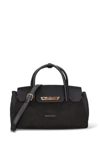 Borsa nera realizzata in tessuto liscio e faux suede, con una forma strutturata, doppi manici e chiusura in tono oro con logo del marchio.