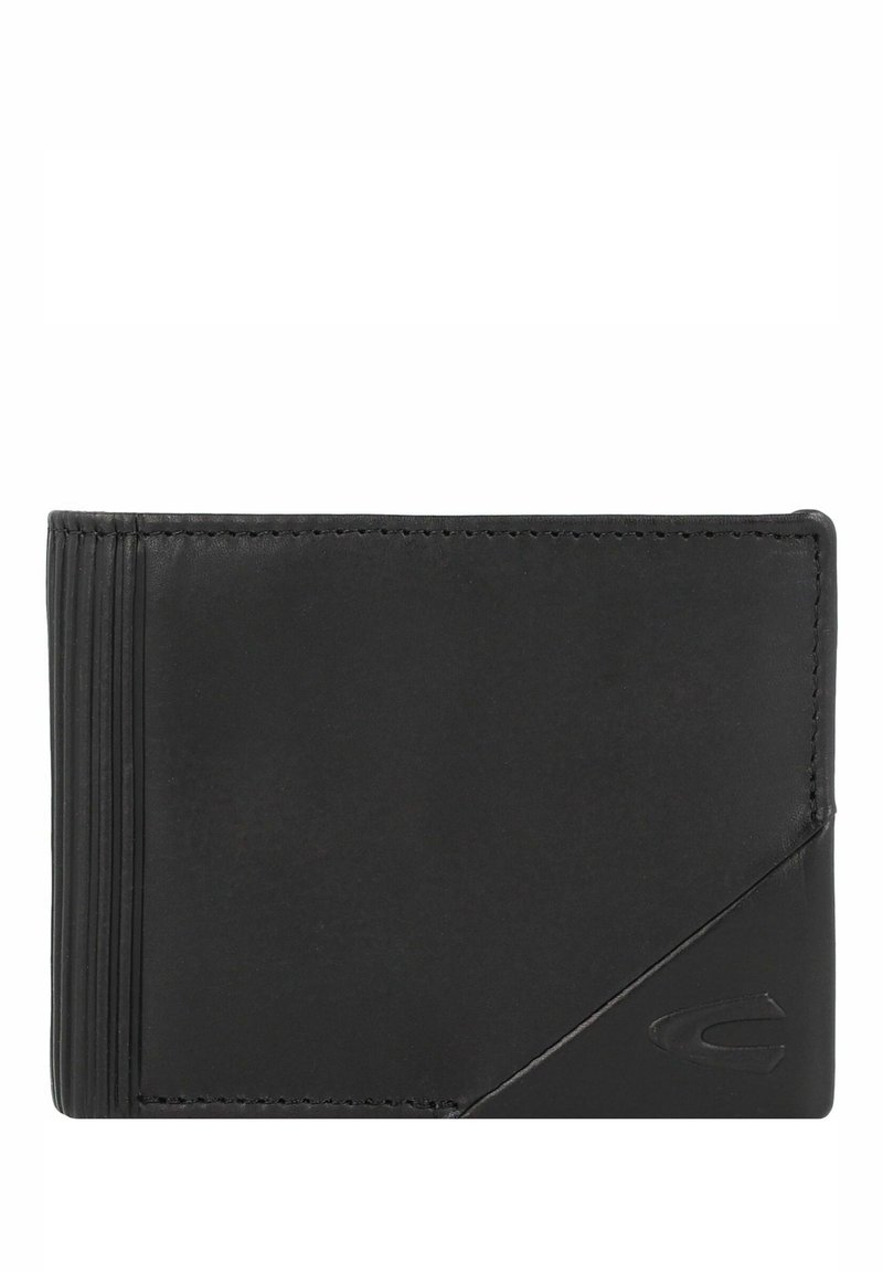 Black leather wallet featuring vertical ribbed texture on the left side, sleek design, and a subtle logo embossed on the bottom right.