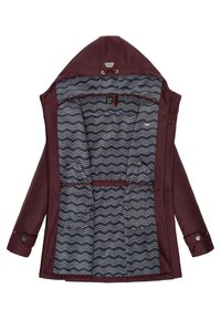 Bordeaux jack met een grijs en wit zigzagpatroon aan de binnenkant, voorzien van een capuchon, knoopsluitingen op de mouwen en voorzakken.