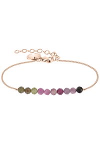Roze gouden armband met negen facetten van edelstenen in verschillende kleuren: groen, paars, roze en zwart, met een sluiting en een verstelbare ketting.