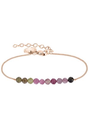 Bracelet en or rose avec neuf pierres précieuses taillées de couleurs variées : vert, violet, rose et noir, doté d'un fermoir et d'une chaîne ajustable.