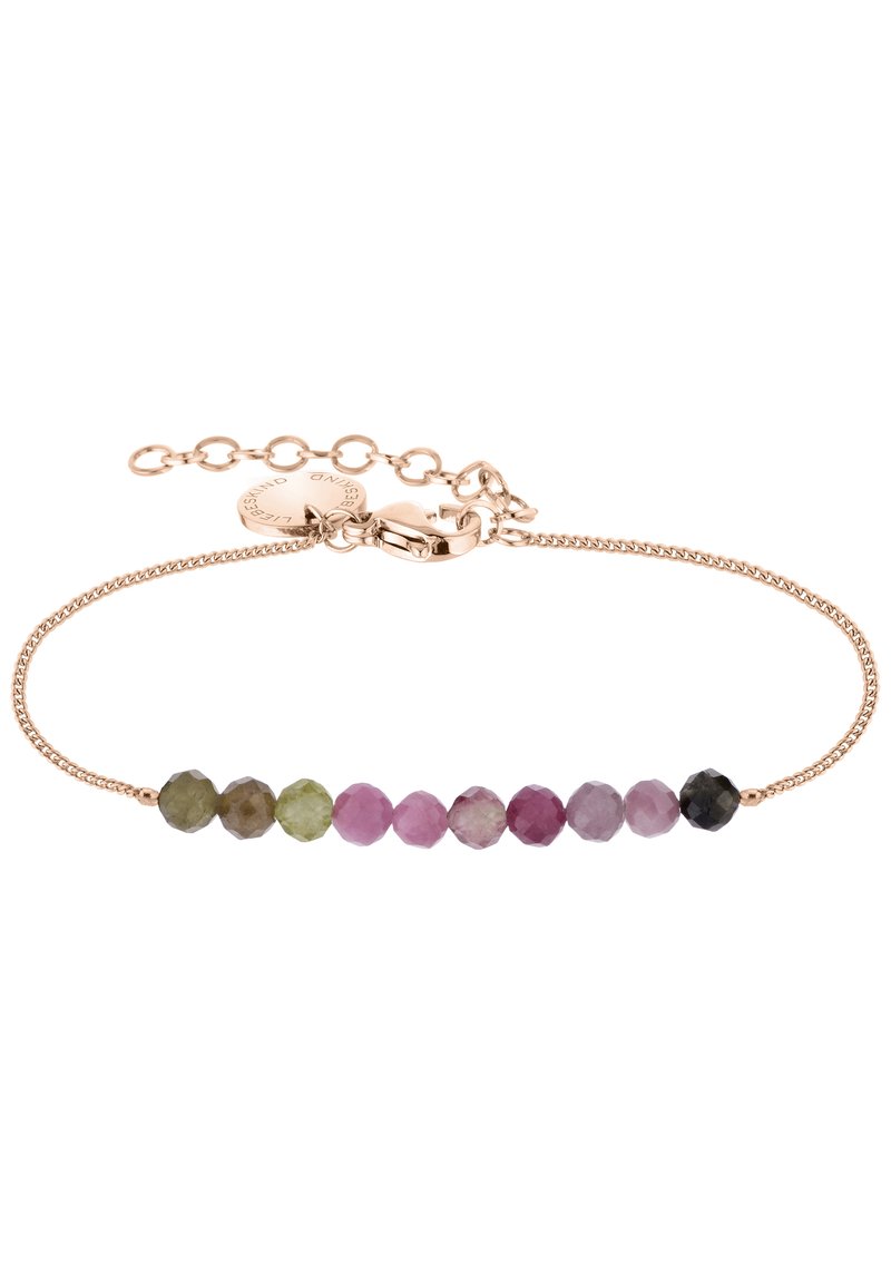 Roze gouden armband met negen facetten van edelstenen in verschillende kleuren: groen, paars, roze en zwart, met een sluiting en een verstelbare ketting.