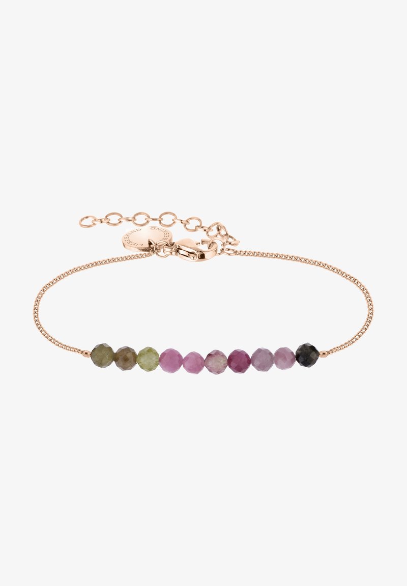 Roze gouden armband met negen facetten van edelstenen in verschillende kleuren: groen, paars, roze en zwart, met een sluiting en een verstelbare ketting.