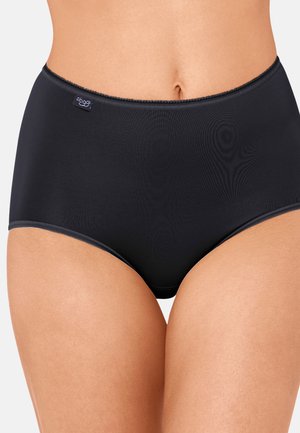 Hochgeschnittene schwarze Unterwäsche aus glattem Stoff. Verfügt über einen genähten Rand und ein kleines Markenschild am Bund.
