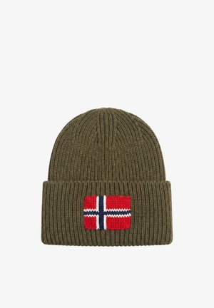 Olive green ribbed knit beanie with a folded cuff featuring a knitted red, white, and blue Norwegian flag patch on the front.