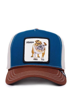 Cappello blu e bianco con visiera marrone presenta un patch quadrato con un bulldog ricamato e la parola "TOUGH" sopra di esso.