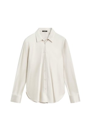 Camicia bianca a maniche lunghe realizzata in tessuto morbido, con colletto classico, chiusura frontale con bottoni e orlo curvo. Design semplice senza motivi.