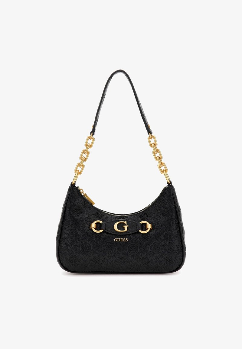 Sac à épaule noir avec une finition texturée, doté d'une bandoulière en chaîne dorée, d'une garniture de logo et d'une fermeture éclair. Accentué d'un motif monogramme.