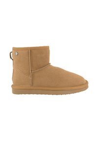 Stivale alla caviglia in suede beige con punta arrotondata, dettagli cuciti, linguetta sul retro e suola in gomma piatta. Parte superiore testurizzata con un aspetto morbido.