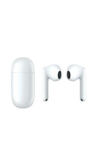 Drahtlose Ohrstöpsel und ein Ladeetui in Weiß. Die Ohrstöpsel haben runde Körper mit langen Stielen und einer zylindrischen Form, die schwarze Öffnungen aufweisen.