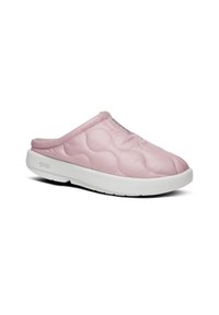 Zoccoli slip-on imbottiti rosa con suola in gomma bianca, caratterizzati da una texture liscia e un design a punta arrotondata. Il dettaglio d'accento include il logo sul lato.