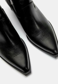 Botine negre din piele, cu bot ascuțit, prezentând detalii fine de cusătură și o textură netedă, afișate dintr-o perspectivă unghiulară.