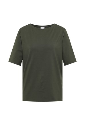 Plain olive green short-sleeve T-shirt with round neckline, straight hem, and a small label on the inside back collar.