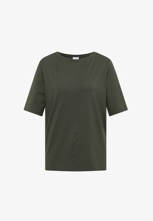 Prosty oliwkowo-zielony T-shirt z krótkim rękawem, okrągłym dekoltem, prostym dołem i małą metką na wewnętrznej tylnej stronie kołnierza.
