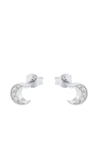 Pendientes en forma de media luna de plata con un acabado pulido, que presentan piedras transparentes engastadas en un lado para un brillo adicional.