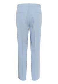 Light blue tailored trousers with a smooth texture, featuring two back pockets and a straight-leg design, finished with creases.