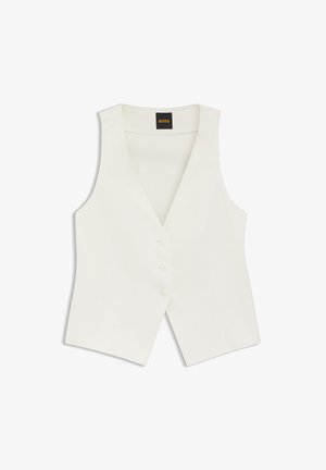 Biała dopasowana kamizelka bez rękawów z dekoltem w serek i trzema guzikami z przodu, z metką BOSS wewnątrz kołnierza.