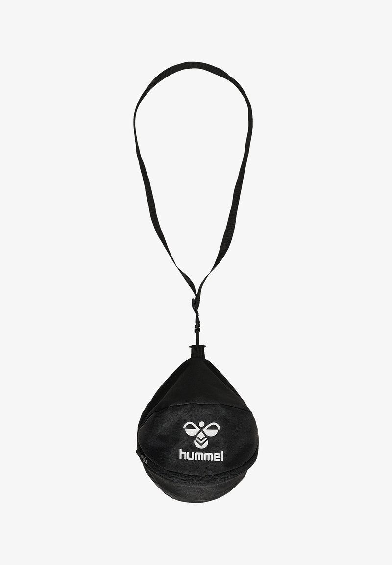 Petite pochette ronde noire avec fermeture éclair et logo Hummel, attachée à une lanière noire pour la porter autour du cou ou de l'épaule.