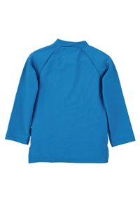 Long-sleeve shirt in bright blue, made from smooth fabric. Features a straight hem with side slits and a classic collar design.