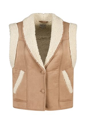 Débardeur sans manches beige avec un col en fausse fourrure crème, corps texturé, deux poches avant et fermeture par boutons. Apparence douce et chaleureuse.